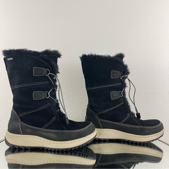 SPERRY Black Suede Faux Fur Powder Valley Vibram Sole Mid Calf Waterproof Boots - Picture 4 of 14